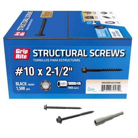 Grip-Rite Lag Screw, #10, 2-1/2 in, Hex Washer Head Torx Drive, 1500 PK GRSSHW102121500
